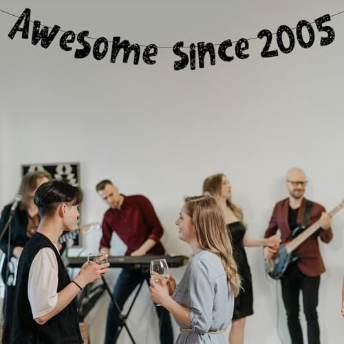 Image of Awesome Since 2005 Banner, Pre-Strung Glitter Black 20th Birthday Banner, Funny 20th Birthday Decorations for Men Women 20 Years Old, Vintage Happy 20th Birthday Party Anniversary Supplies Gifts Ideas