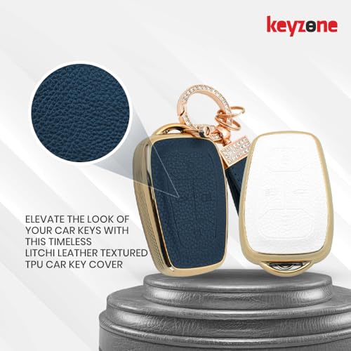 Image of keyzone litchi leather textured TPU key cover & keychain for Tata Nexon, Harrier, Safari, Altroz, Punch, Tigor smart key (Black)