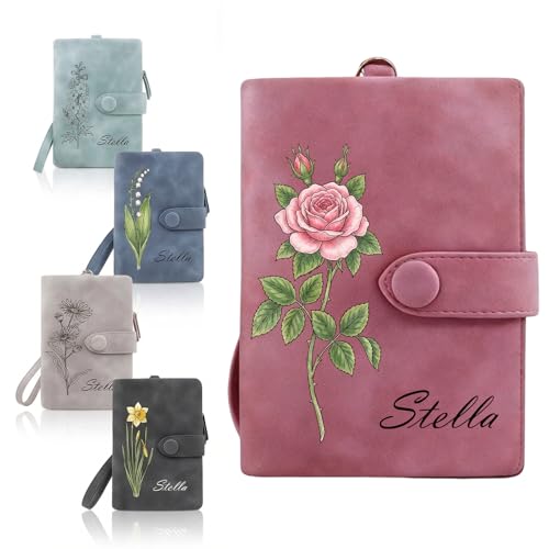 Image of Custom Wallet for Women Personalized Birth Flower & Name Purse Soft Leather Bifold Clutch with Strap Customized Gift for Mom Girlfriend