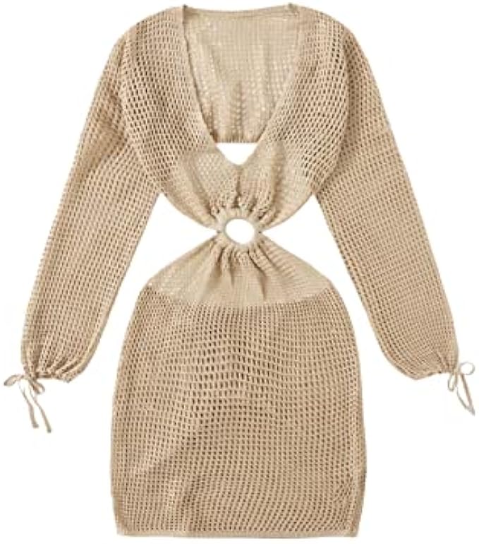 MakeMeChic 女款 長袖 深 V 領 鏤空 針織 罩衫 海灘洋裝 泳裝