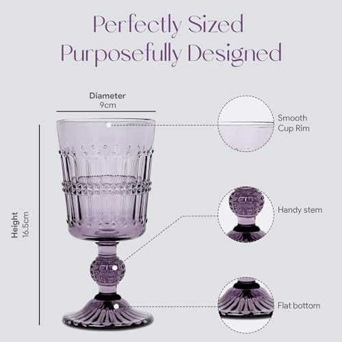 American-Atelier-Vintage-Purple-Beaded-Glasses-Set-of-4-Water-Tumblers-Barware-Glasses-Wine-Goblets-Colored-Vintage-Style-Glassware-Embossed-Design-Dishwasher-Safe-Wine-Glasses-Purple