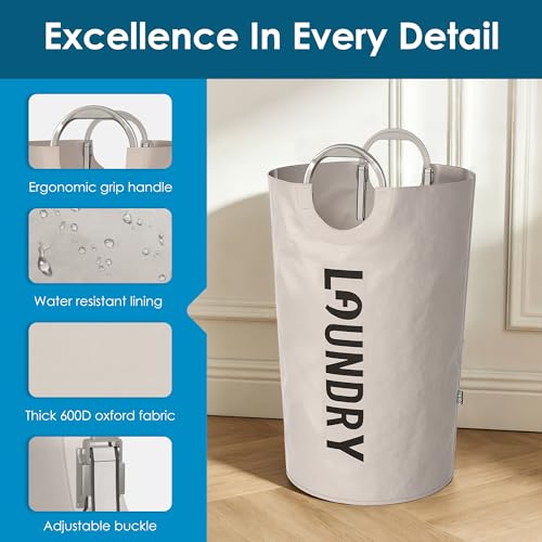 Image of 130L Laundry Basket with Tech Handle, 2in1 Large Dirty Clothes Hamper Beige | Hand or Shoulder Carry, Collapsible Foldable Bin, Plastic Handle, 600D Oxford with Waterproof PE Coating for Dorm, Bathroom