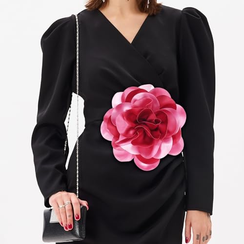 Image of M METERXITY Extra Large Rose Flower Brooches, Lapel Pins Dainty Satin Fabric Big Camellia Oversized Brooch Pin for Women
