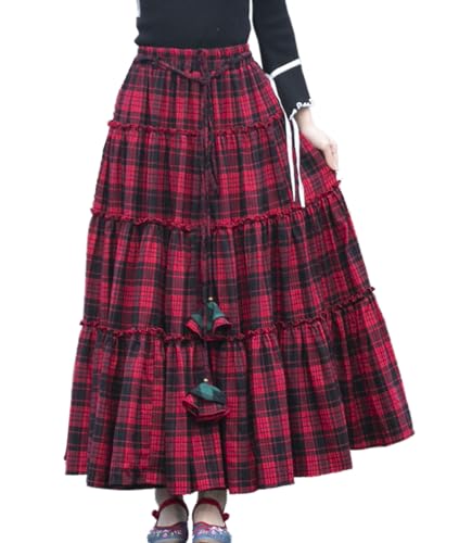 Femiserah Women's Fall Winter Plaid Ruffle Tiered Long Skirt High Elastic Waist Maxi Thicken Tartan Skirt