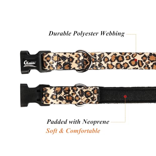 Olahibi Basic Hundehalsband, Polyester-Gurtband, gepolstert mit weichem Neopren, Leopardenmuster, für kleine Hunde (S, Brauner Leopard)