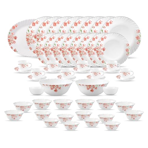 Image of La Opala Diva Classique Collection Opal Glass Crockery | for Family of 8 | Dinner Set 53 pcs Aster Pink | Plates, Bowls & Cups for Dining | Microwave Safe | 100% Vegetarian | Extra Strong | White