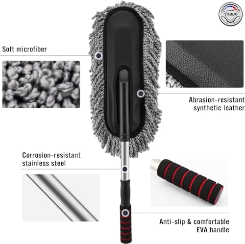 Image of Yobbo Car Duster Microfiber Cleaning Mop Dusting Brush Dirt Clean Tool Extendable Long Handle Super Soft Scratch Free for Exterior Dust Cleaner Accessories Multipurpose Dashboard Home Office Bike