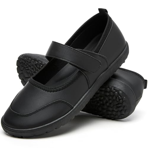 Waluzs Walking Flats Shoes Women Leather Ballet Flats Cute Mary Jane Flat Comfort Shoes Slip-on Loafer with Strap