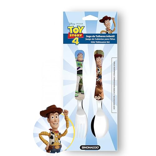 SIMONAGGIO Jogo de Talheres Infantil Disney Kids Toy Story - Kit de Talheres de Aço Inox Com Cabo Plástico Para Bebês - Multicor - 2 Peças