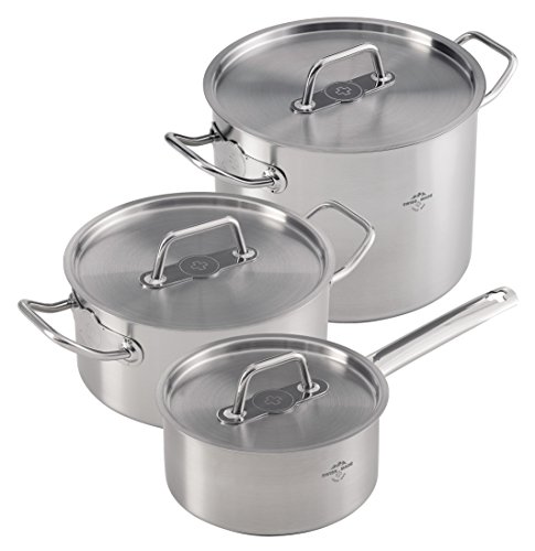Kuhn Rikon, Batería de Cocina Montreux , Juego 3 piezas: Cazo 1L/16 Cm y Cacerolas 3.1L /20 m y 6L/ 24 Cm. Acero inoxidable 18/10, Asas Frias,Tapa de Acero , Apta Inducción, Fabricada en Suiza