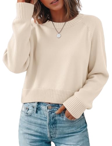 Zeagoo Business Casual Tops for Women Cropped Crewneck Fall Cream Sweater