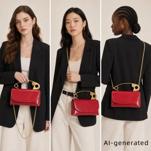 Image of Women's Small Soft Pin Shaped Vegan Leather Crossbody Purse Bag with Gold Metallic Handles & Chain