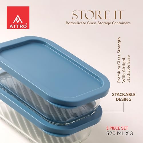 Image of ATTRO Storeit Borosilicate Glass Storage Containers - 520ml, Set of 3, Transparent & Stackable with PE Lids, Microwave, Fridge & Dishwasher Safe, Ideal for Kitchen & Leftovers- Blue
