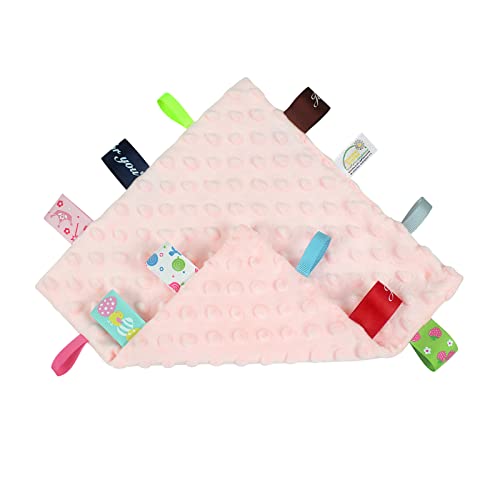 Image of Baby Tag Security Blankets for Babies, Sensory Soothing Taggy Blankets for 3-12 Months Baby, Soft Minky Dots Baby Comforter Blanket, Small Lovey Toys with Tags for Girls and Boys (Pink)