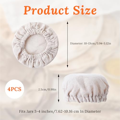 JIEYAO Sauerteig Starterglas Stoffabdeckungen,4 Stück Stoffbezug für Sauerteig Starter Glas 8-10cm Große Elastische Wiederverwendbare Baumwollstoff Stoffabdeckung zum Backen von Sauerteigbrot