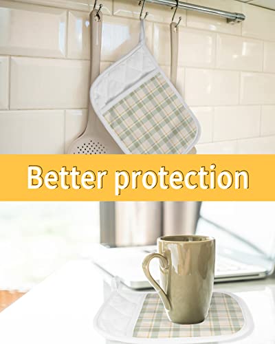 2 Pack Pocket Pot Holders, Teal Yellow Plaid Hot Pads For Kitchen Heat Insulation Potholders, Simple Cream Green Yellow Geometric Checkered Pot Holder Hot Pad Trivet For Baking Cooking 9"X7" #TOP6