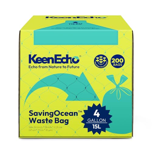 KeenEcho 4 Gallon 200 Counts Small Green Trash Bags with Handle Ocean Fishing Nets Upcycling Sage & Sea Salt Scented Plastic Garbage Bags Waste Bag for Kitchen Bathroom Office and Pets