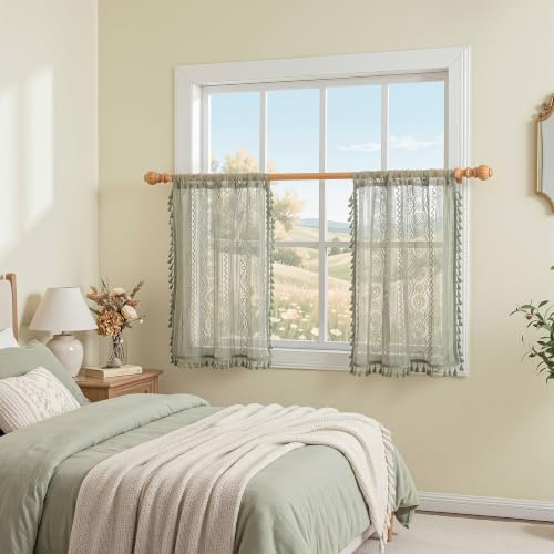 Image of MYSKY HOME Sage Green Lace Tier Curtains 24 Inch Length 2 Panels Kitchen Cafe Sheer Short Boho Half Country Rod Pocket Curtains for Small Windows Basement Bathroom, 34 inch Wide Each Panel