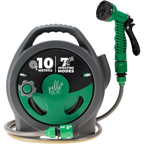 Pelle & Sol Carrete de manguera de jardín de 10 m con 7 boquillas de pulverización ajustables | Manguera de jardín con conector de manguera | Mini carrete de manguera accesorios de jardín | Equipo de
