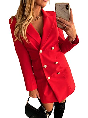 ORANDESIGNE Gestreift Zweireiher V-Ausschnitt Langarm Minikleid Blazerkleid Büro Kleider Damen Elegant Solide Kariert Hemdkleid Business Slim Fit...