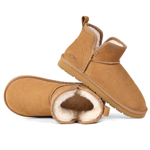 OOW Winter Ankle Genuine Suede Boots for Women Snow Slip On Comfort Short Booties Fall Warm Casual Fuzzy Shoes for Indoor & Outdoor