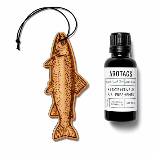 Image of Arotags Trout Car Air Freshener Kit, Reusable Wood Hanging Diffuser with 30 mL Beach Bum Fragrance Oil, Fishing Car & Truck Accessory