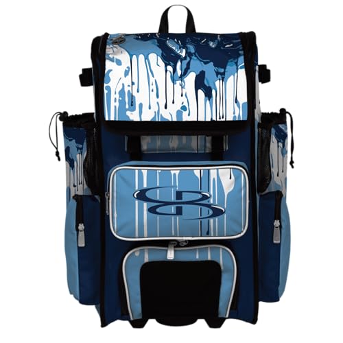 Boombah Rolling Superpack Baseball/Softball Gear Bag - Telescopic Handle - Holds 4 Bats - Wheeled Version - Graffiti Drip Navy/Columbia/White