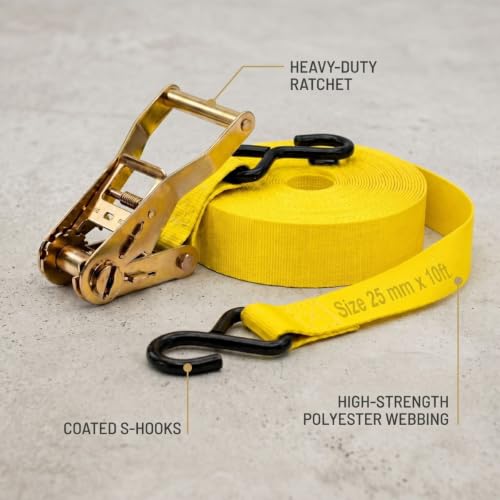 Image of Trion Products Polyester Cargo Lashing Belt with S Hook - Pack of 4 | Heavy Duty Cargo Ratchet Straps, Ratchet Straps for Motorcycle, Bike, Trailer, Truck & Cargo Securing | 1 Inch x 10 ft