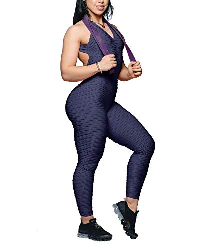 YOFIT Womens Butt Lift Yoga Jumpsuit Sleeveless Backless Sport Bandage Romper Playsuit Navy Blue XL