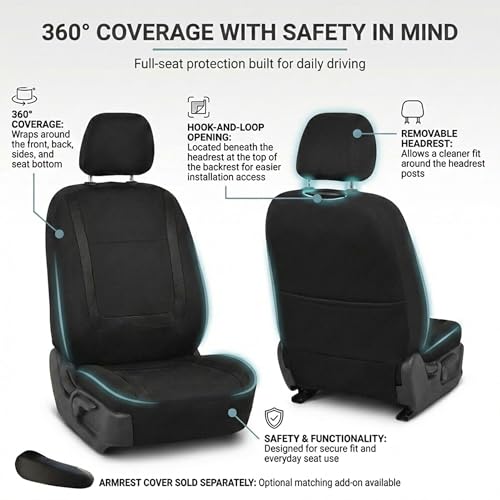 Image of FH Group Car Seat Covers Full Set Cloth - Universal Fit Automotive Covers, Low Back Front Solid Cover, Washable Cover for SUV, Sedan and Van Black