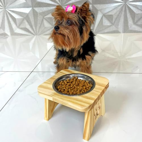 Comedouro Elevado para Cães e Gatos, Suporte em Madeira com Tigela em Aço Inox, Tamanho Pequeno