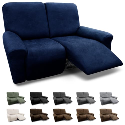 Pfrstuv Loveseat Covers 6-Pieces Loveseat Recliner Cover 2 Seater Cover for Reclining Loveseat Cover Leather Look Recliner Slipcovers with Pockets Spandex Furniture Covers(Recliner Loveseat, Navy)