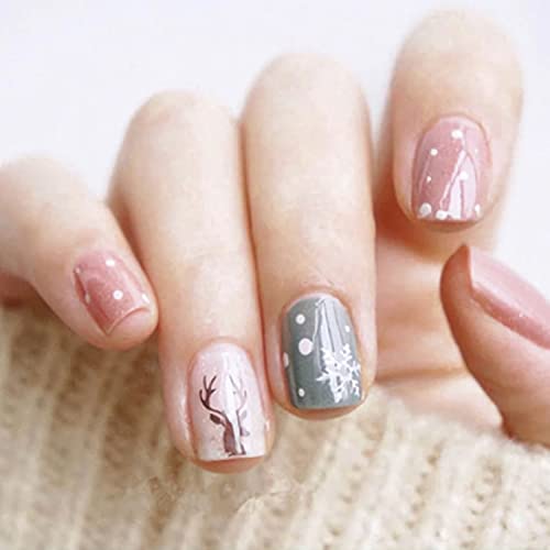 Christmas Short Press on Nails Square Design Fake Nails with Nail Glossy Pink Acrylic Cute Elk Snowflake False Nails Artificial Full Cover Glue on Nails Stick on Nails for Women Girls Manicure Art