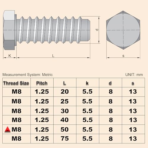 Image of M8 Hex Bolts M8x50mm Hex Head Bolts Stainless Steel 304 15Pcs | M8-1.25 Hex Bolt Fully Threaded Hex Tap Bolts Metric Hexagon Head Screw Machine Bolts Right Hand External Hex Drive