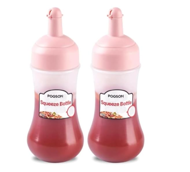Image of Pink Premium Squeeze Squirt Bottle Flexible Dispenser Wide Mouth Container Bottle with Attached Cap, Sauce Bottle for Ketchup, Oil, Salad Dressing, Transparent, 280ml, Pack of 2