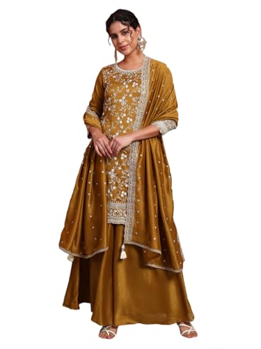 Image of SHOPPING QUEEN Women's Silk Blend Embroidered Kurta and Palazzo Set