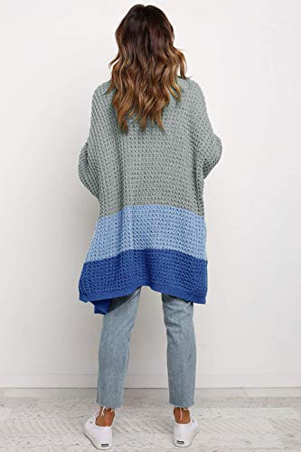 BTFBM Women Long Sleeve Open Front Plain Knit Cardigan Fashion Color Block Striped Slouchy Loose Pockets Sweater Outwear (Grey Blue, Large)
