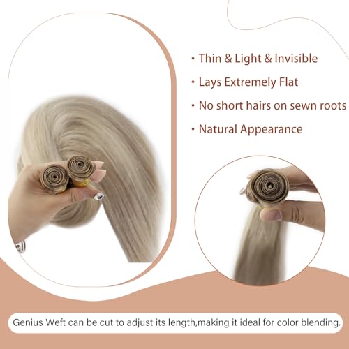 Full Shine 22 Inch Human Hair Weft Sew In Hair Extensions Real Human Hair Hand Tied Hair Extensions Straight Remy Hair For Women Color Ash Blonde Highlight Bleach Blonde Bundles Human Hair 60G - Image 5