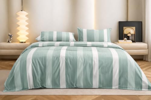 Image of Super King Size Bedsheet | Cotton Flat Sheet Skin Friendly with Two Pillow Covers| 300 TC | Super Soft Bed Sheet for Double Bed | Floral Design (272 x 272 cm, Sage Green Stripe)