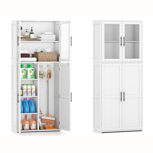 COSTWAY Besenschrank 70cm breit, Mehrzweckschrank Hochschrank mit 2 Haken & Glastüren, Vorratsschrank Holz, Haushaltsschrank Putzschrank für Mops & Staubsauger, 70 x 30 x 168 cm, weiß