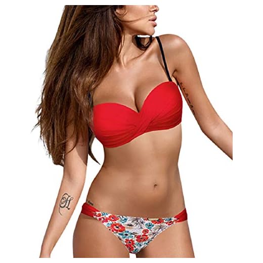 Voqeen Costumi da Bagno Donna Bikini Bandeau Reggiseno Imbottito Push Up Due Pezzi Bendare Vita Bassa Regolabile Beachwear Swimwear Costume da Bagno Mare Spiaggia Estate Stampati Floreale