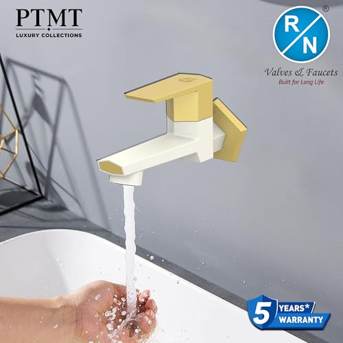 Image of RN PTMT Long Body Bib Cock for Bathroom | 15mm Long Body Foam Flow Water Tap with Flange | Luxury G20 Collection Faucet | High-Grade Engineering Polymer Tap (Ivory Bright Gold Dual, Pack of 2)