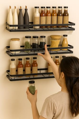 Image of Craftize Mstore Wall-Mounted Spice Rack Organizer Pack of 3 - Black Iron Kitchen Hanging Shelf with 5 S-Hooks for Utensils - Sizes 17 inch, 16 inch & 15 inch Inches (Three Different Sizes)