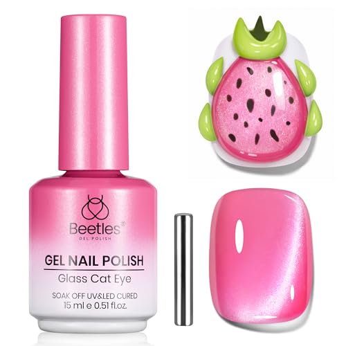 Beetles Hot Pink Cat Eye Gel Nail Polish - Pitaya Glow 15ML Full Size Glitter Pink Cat Eye Summer Gel Polish Magnetic Shimmer Effect Soak Off UV Nail Art Design Salon DIY Manicure Gift for Women