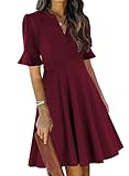 Mokayee Burgundy Dresses for Womens 2025 Summer Short Sleeve V Neck Sunday Church Modest Semi Formal Cocktail A-line Dinner Petite Swing Business Casual Professional Office Ladies Dress M