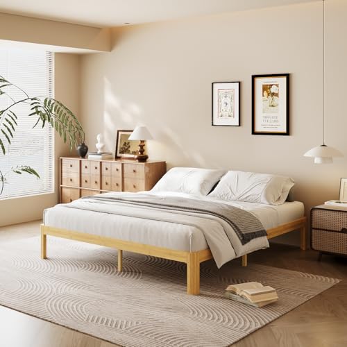 Image of 14 Inch King Bamboo Platform Bed,Mid-Century Wood Bed Frame King Size, No Box Spring Needed, Natural Finish, Easy Assembly
