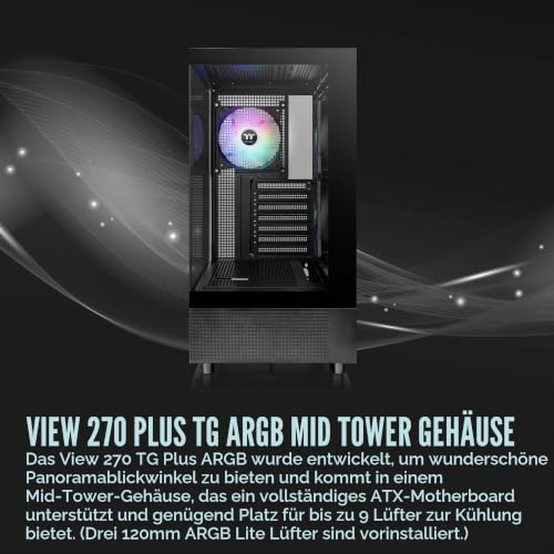 Thermaltake View 270 Plus TG ARGB Black Mid Tower E-ATX Gehäuse; 3 x 120 mm ARGB-Lüfter im Lieferumfang enthalten; unterstützt bis zu 360… – Ansicht 2