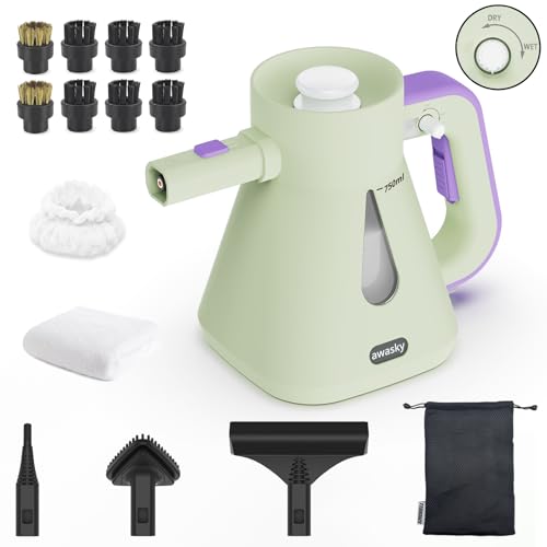 awasky Steam Cleaner Handheld: 1200W Fast 10-Sec Heat-Up-750mL (25oz) Tank-No Cooling-Refill Anytime-Lockable Steam Trigger-14-Piece Kit Hand Held Steamer for Home Car Grout Tile Cleaning