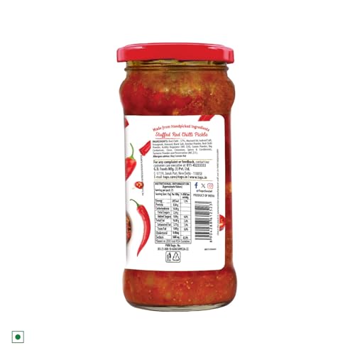 Image of TOPS Gold Stuffed Red Chilli Pickle - 375 gm Glass Bottle| Perfect blend of spicy red chillies blended in mustard oil (Pack of 3)
