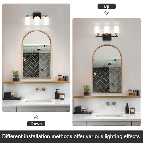 Image of FonmYim Black and Gold Bathroom Light Fixtures, 3-Light Modern Vanity Light Over Mirror, Wall Sconces with Milky White Frosted Glass Shades, E26 Socket (Bulbs Not Included)